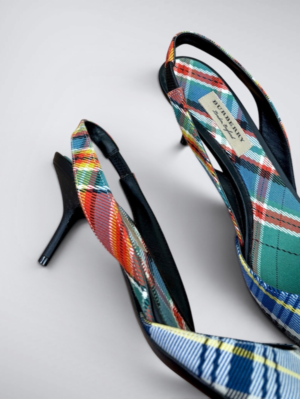 Burberry Mixed Tartan Plaid Slingback Pumps | Pointed Toe Kitten Heels - Picture 3 of 8